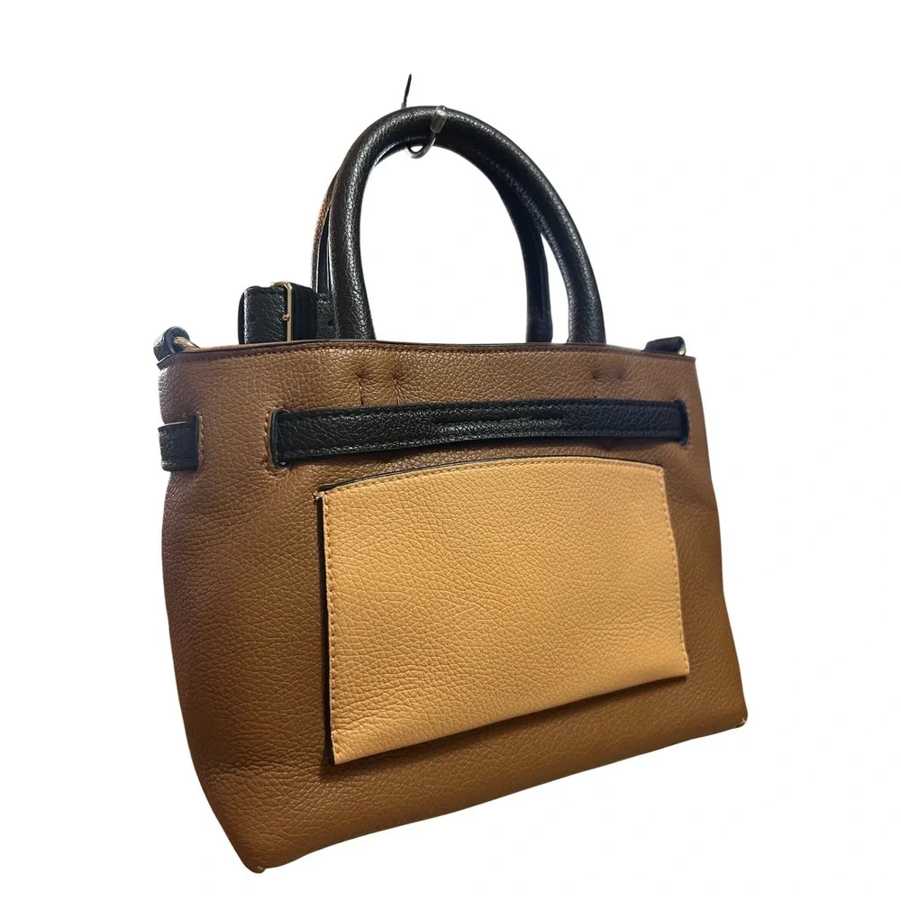 REED Women Tan Cognac Black‎ Pebbled Faux Leather Belted Satchel Handbag Bag